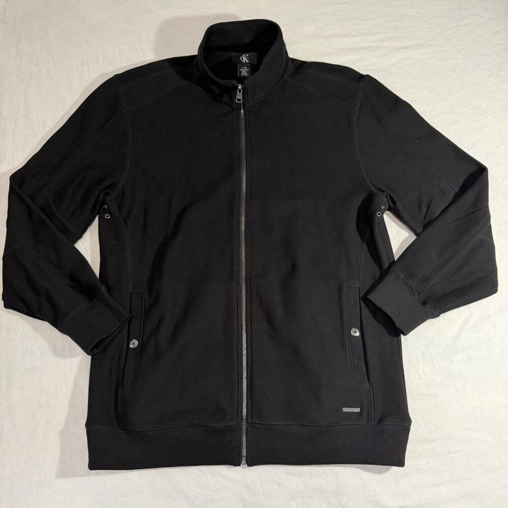 Vintage Calvin Klein Jacket Mens Large Black Cotton Ribbed Mock Neck Full Zip